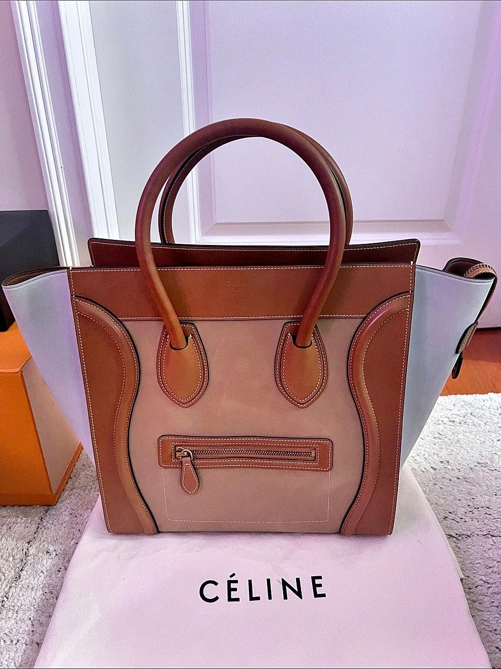 Celine Mini Luggage Tote in Brown Leather and Blue Nubuck Suede